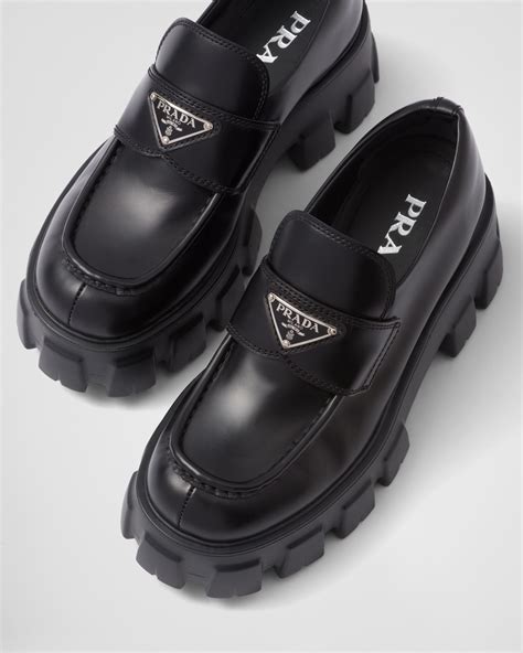 prada monolith leather logo platform loafers|prada monolith loafers second hand.